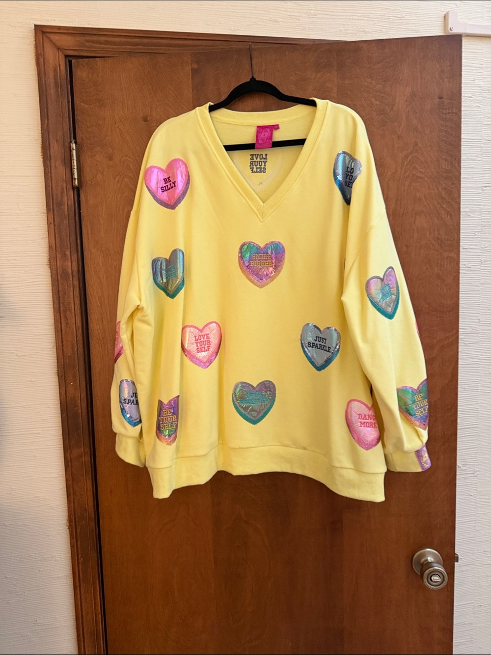 Queen of Sparkles Bright Yellow Heart-Print V-Neck Sweater